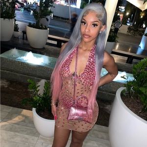 Nude fitted dress with pink jewels